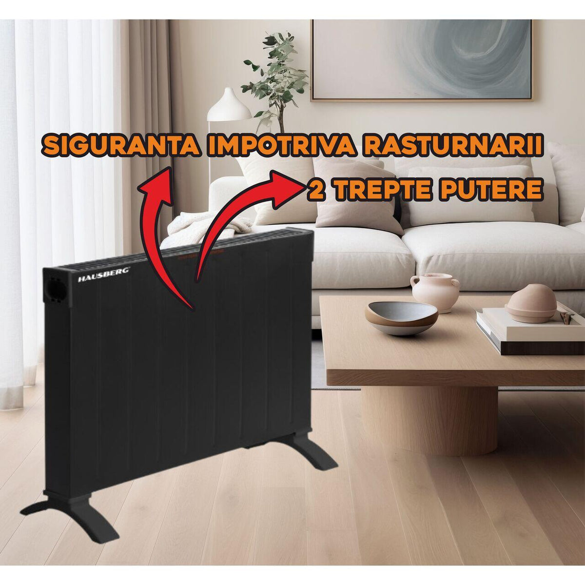 Hausberg HB-8204 elektromos konvektor, 2500W, 2 teljesítményfokozat, Borulás elleni védelem