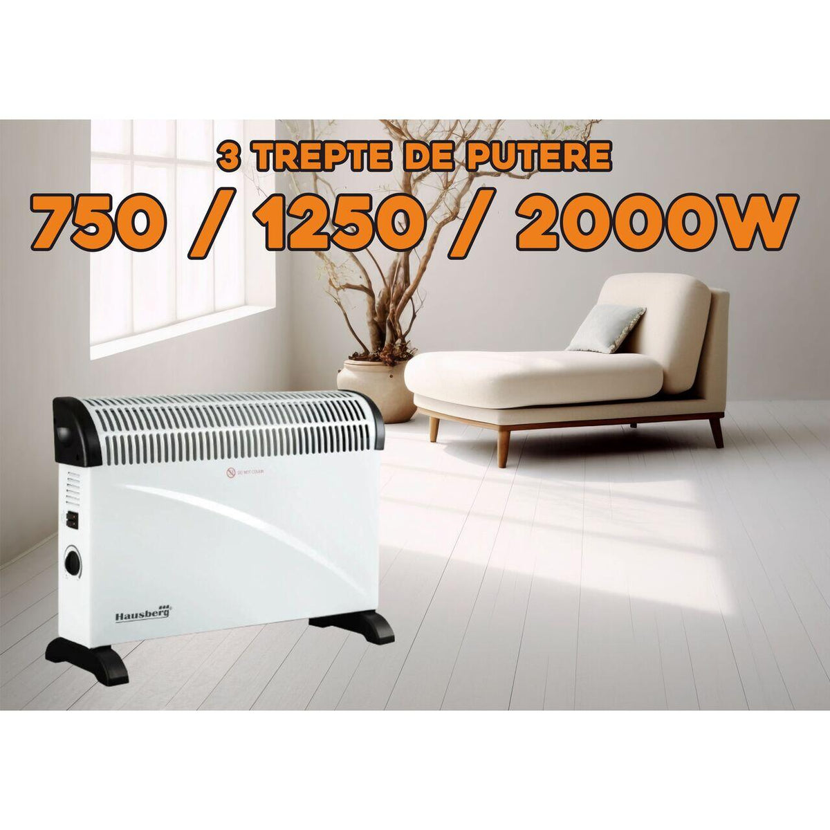 HAUSBERG HB-8206 elektromos konvektor, 3 teljesítményfokozat 750/1250/2000W, állítható termosztát, túlmelegedés elleni védelem, működésjelző lámpa