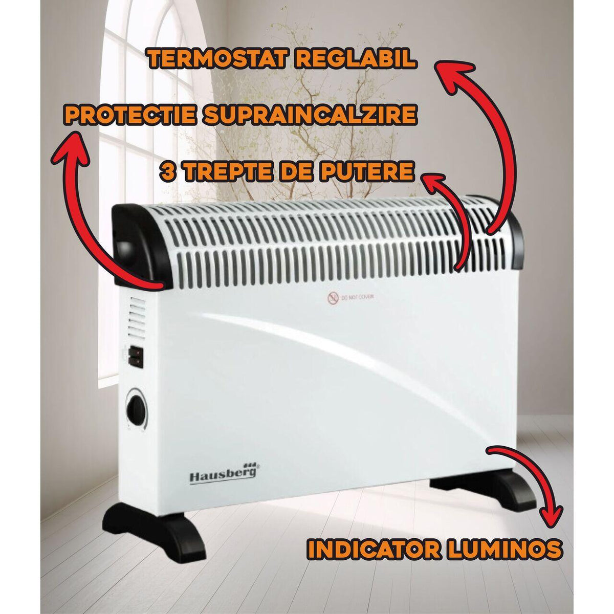 HAUSBERG HB-8206 elektromos konvektor, 3 teljesítményfokozat 750/1250/2000W, állítható termosztát, túlmelegedés elleni védelem, működésjelző lámpa