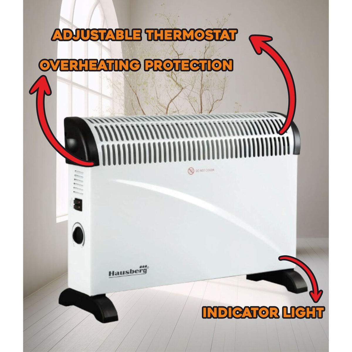 HAUSBERG HB-8206 elektromos konvektor, 3 teljesítményfokozat 750/1250/2000W, állítható termosztát, túlmelegedés elleni védelem, működésjelző lámpa