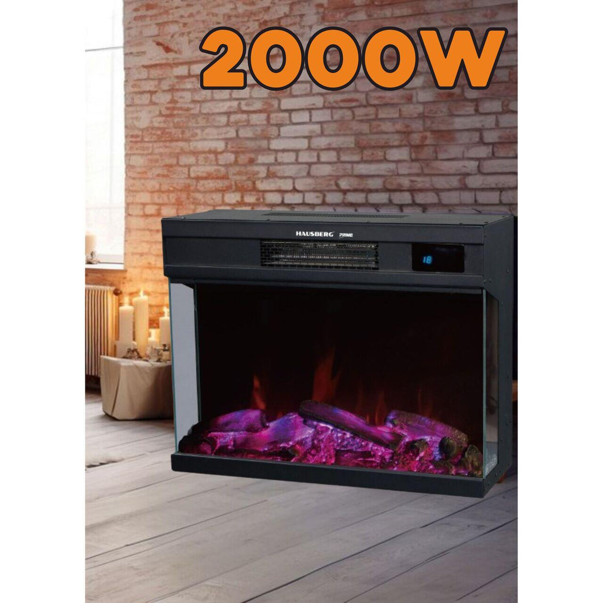 HAUSBERG HB-8221NG elektromos kandalló ventilátorral és távirányítóval, 2000W, valósághű lánghatás, 2 fűtési fokozat, elektronikus termosztát, 4 szín, érintőképernyő, fém és üveg