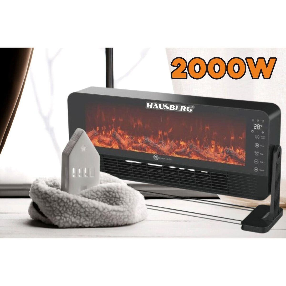 HAUSBERG HB-8216NG Elektromos kandalló ventilátorral, távirányítóval, 2000W, 2 fűtési fokozat, kerámia PTC fűtés lánghatással, termosztát 15-35 °C, IP24 védelem