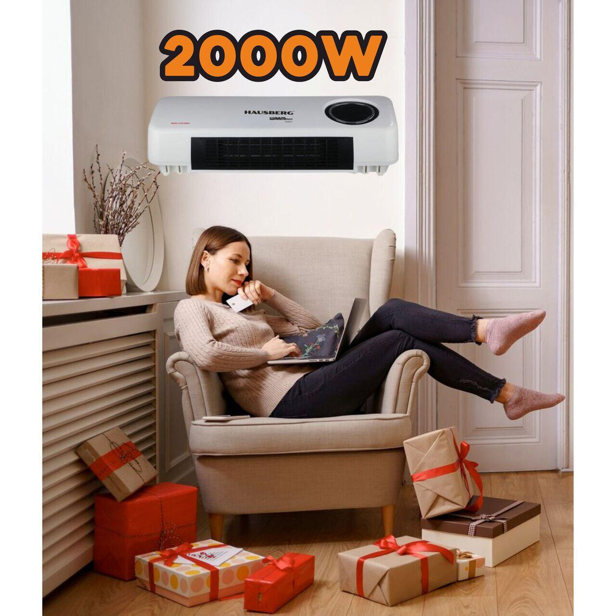 HAUSBERG HB-8217AB digitális fali konvektor ventilátorral, 2000W, 2 teljesítményszint, Távirányító, Időzítő