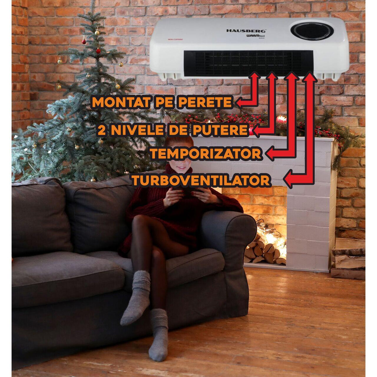 HAUSBERG HB-8217AB digitális fali konvektor ventilátorral, 2000W, 2 teljesítményszint, Távirányító, Időzítő