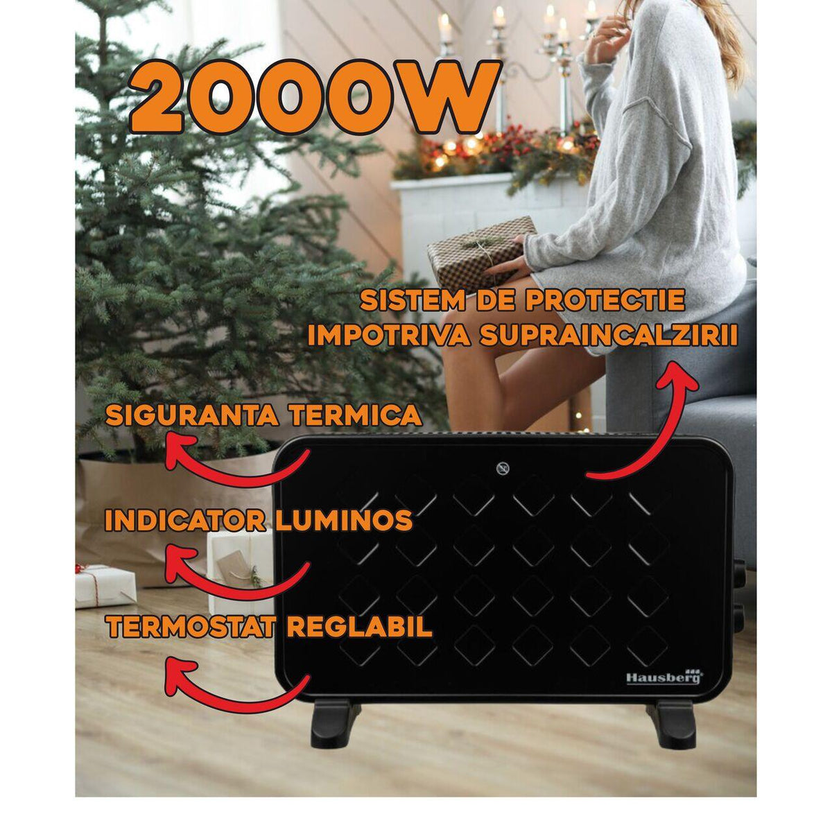 Convector electric Luxury HAUSBERG HB-8220, 2000W, 2 fokozatú teljesítmény, termosztát, túlmelegedés elleni védelem, jelzőfény, Turbo funkció