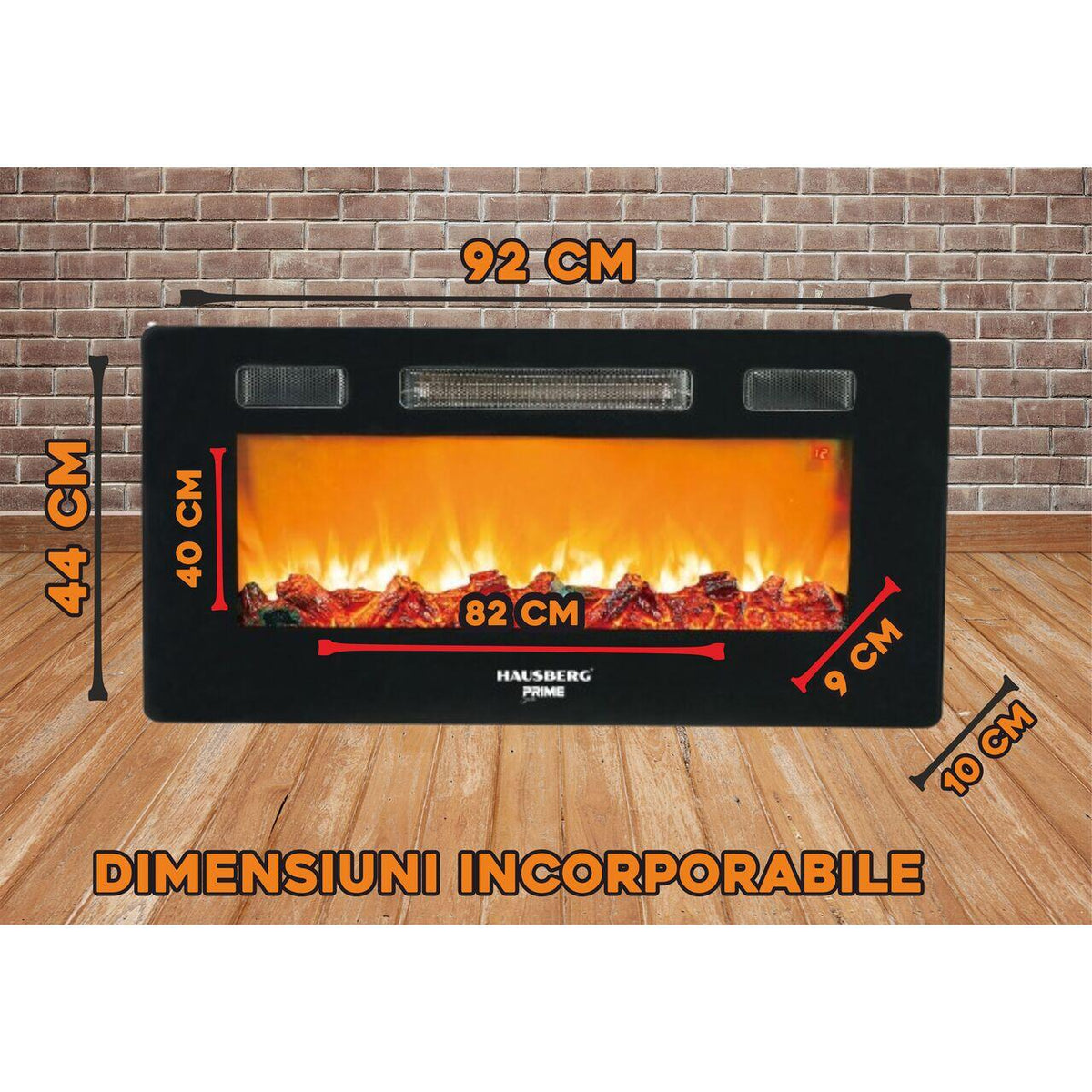 HAUSBERG HB-8225 elektromos fali kandalló, 1800W, Távirányító, 3 működési szint, Turbóventilátor, Narancssárga LED lánghatás, Állítható termosztát, Vas + üveg