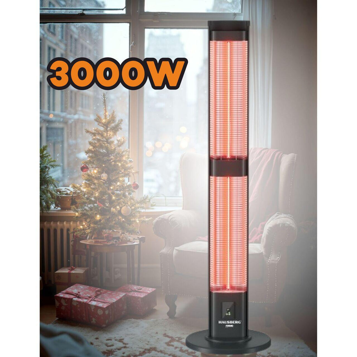 Hausberg HB-8570NG digitális elektromos radiátor távirányítóval, 3000 W, 3 fűtési fokozat, dupla szénszálas cső, IP45 védelem, digitális termosztát