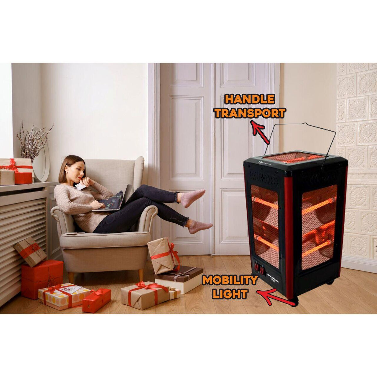 HAUSBERG HB-8802NG elektromos radiátor, 2200W, 5 teljesítményfokozat, 5 irányú fűtés, kerekek, hordozófogantyú, felborulás elleni védelem