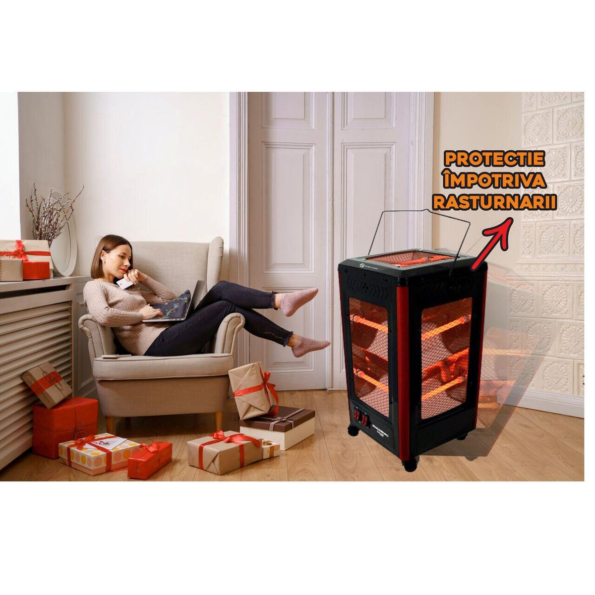 HAUSBERG HB-8802NG elektromos radiátor, 2200W, 5 teljesítményfokozat, 5 irányú fűtés, kerekek, hordozófogantyú, felborulás elleni védelem