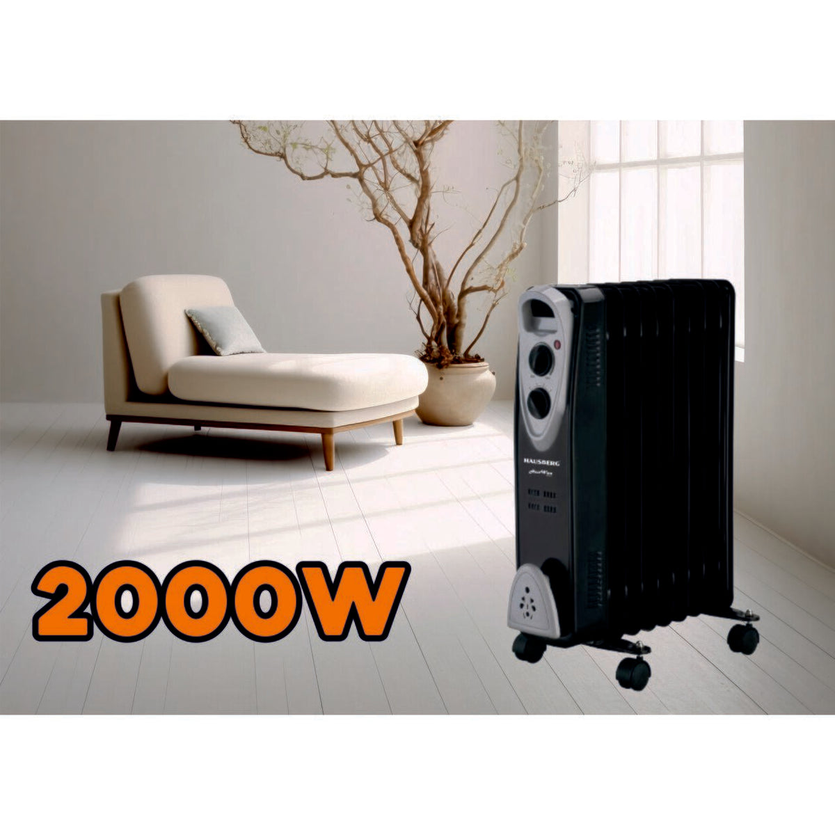 HAUSBERG HB-8909NG elektromos olajradiátor, 2000 W, 9 tagú, 3 teljesítményfokozat, Állítható termosztát, Túlmelegedés elleni védelem, Felborulás elleni védelem, Jelzőfény