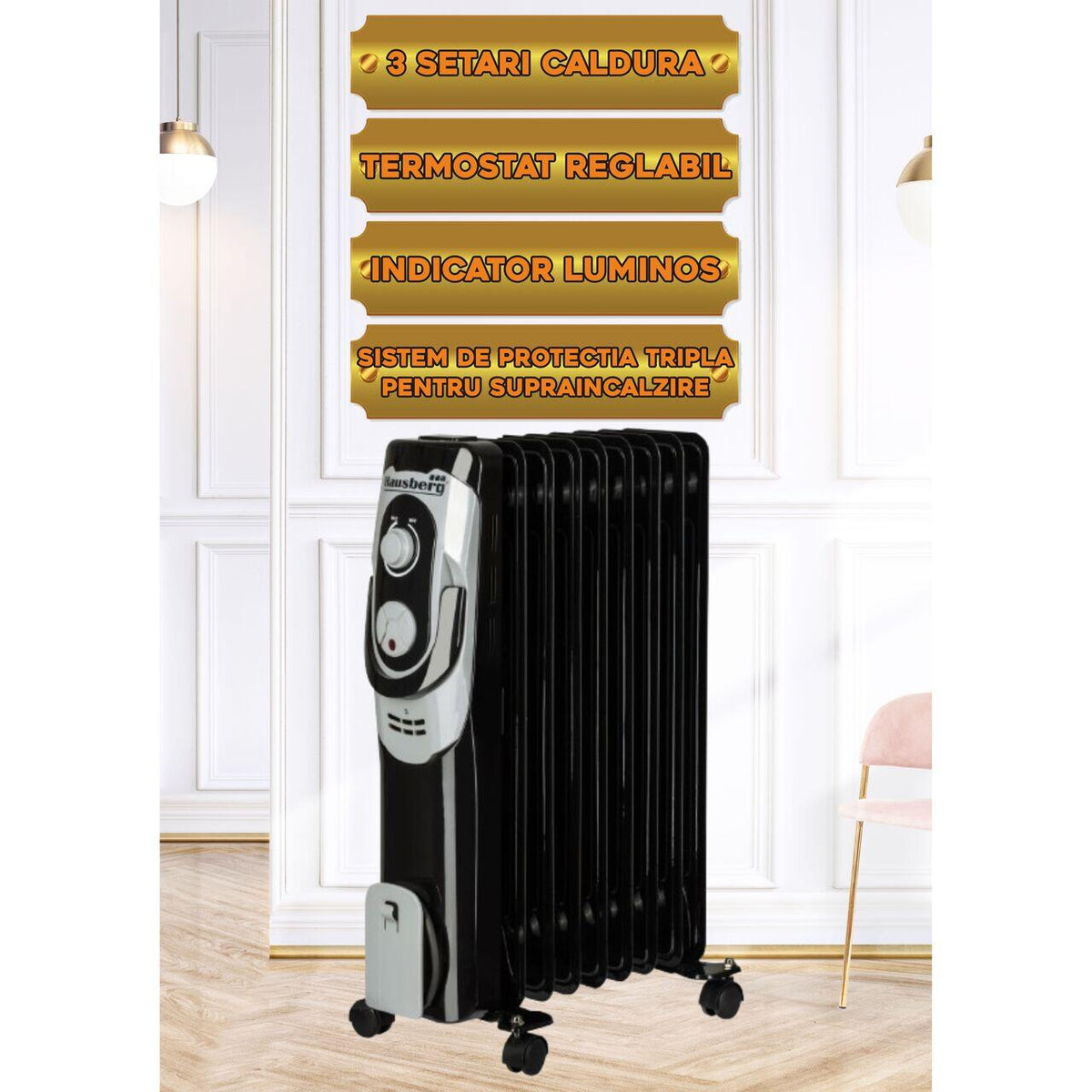 HAUSBERG HB-8910NG elektromos radiátor, 2000W, 9 tagú, 3 teljesítményfokozat, állítható termosztát