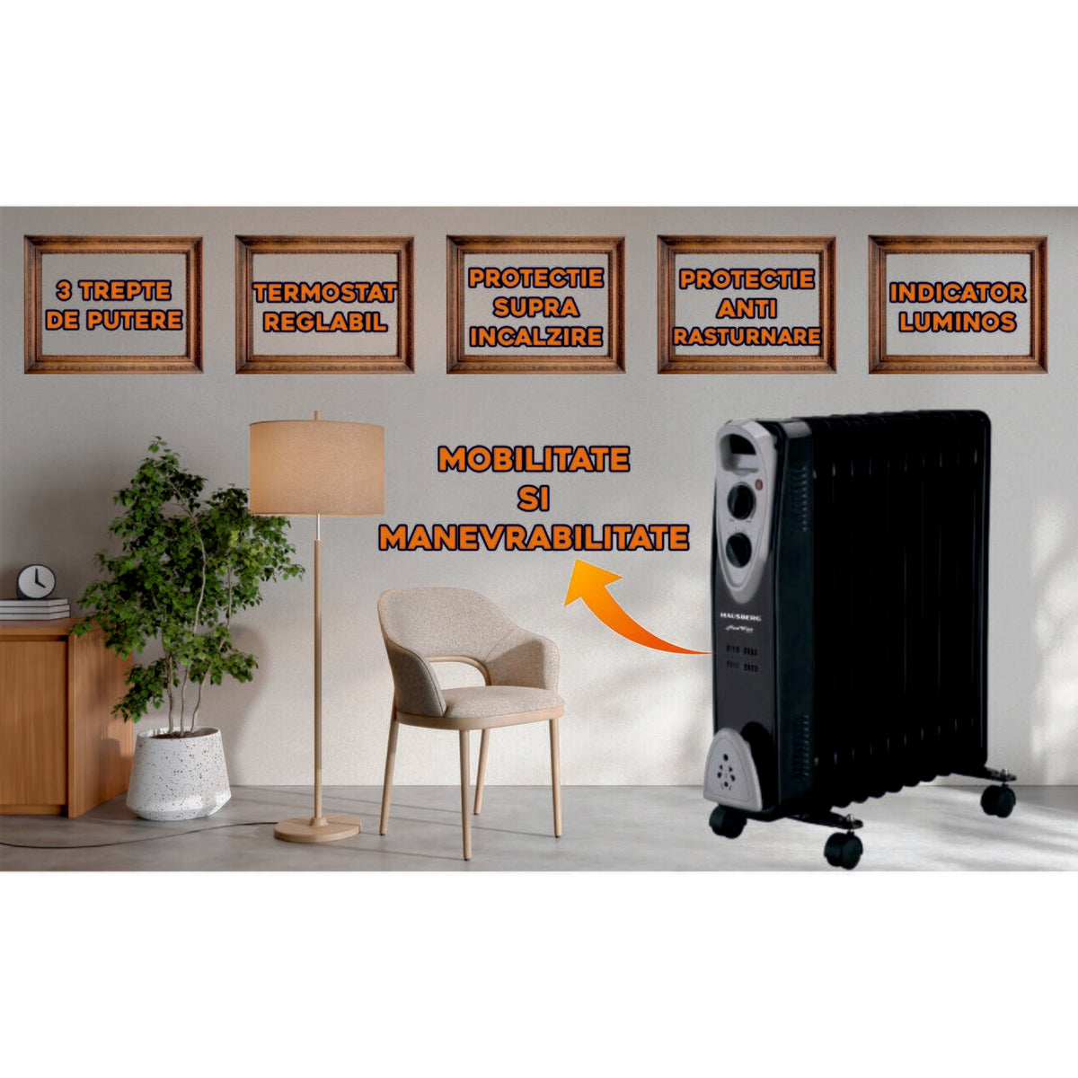 HAUSBERG HB-8911NG olajradiátor, 2500 W, 11 tag, 3 teljesítményfokozat, Állítható termosztát, Túlmelegedés elleni védelem, Felborulás elleni védelem, Működésjelző lámpa