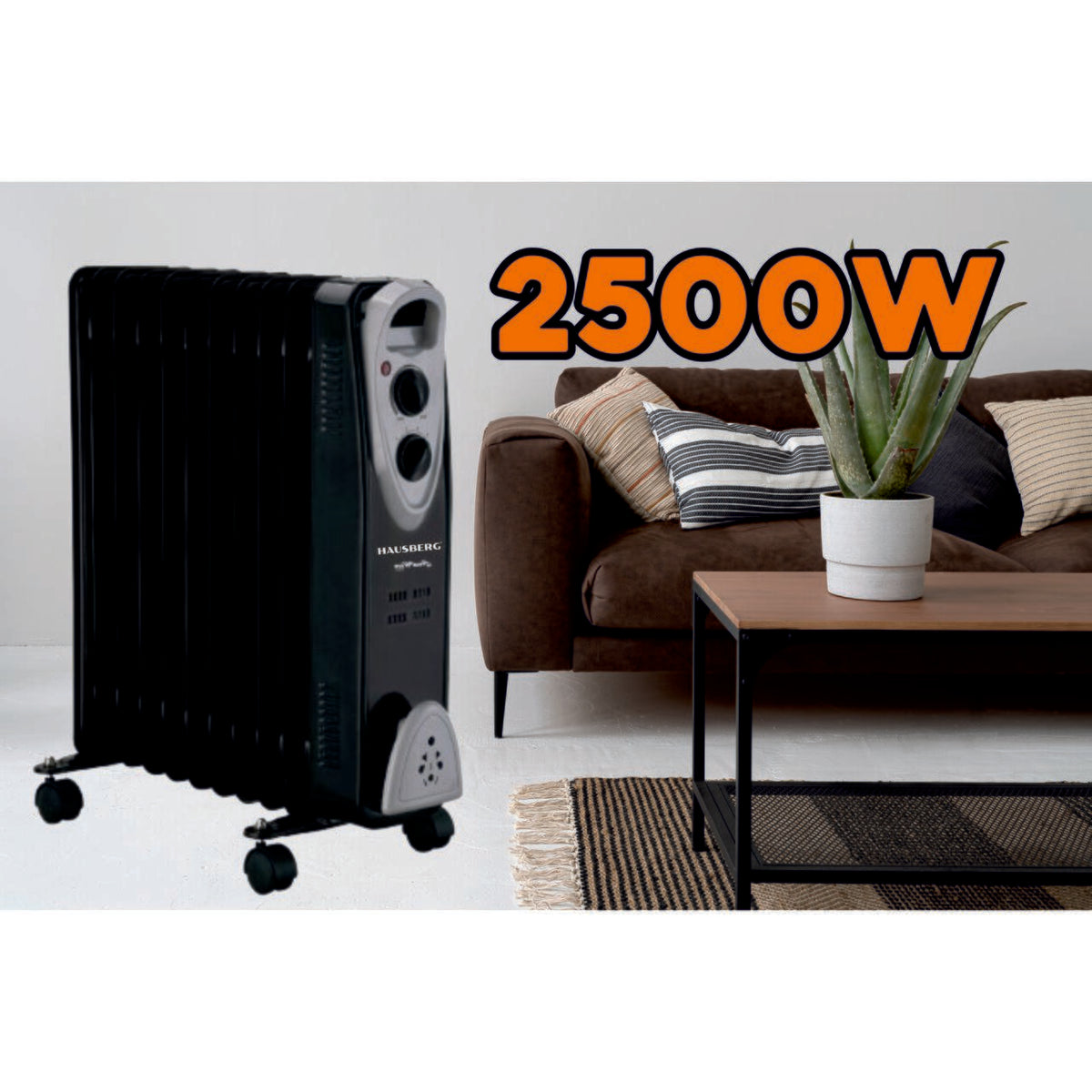 HAUSBERG HB-8911NG olajradiátor, 2500 W, 11 tag, 3 teljesítményfokozat, Állítható termosztát, Túlmelegedés elleni védelem, Felborulás elleni védelem, Működésjelző lámpa