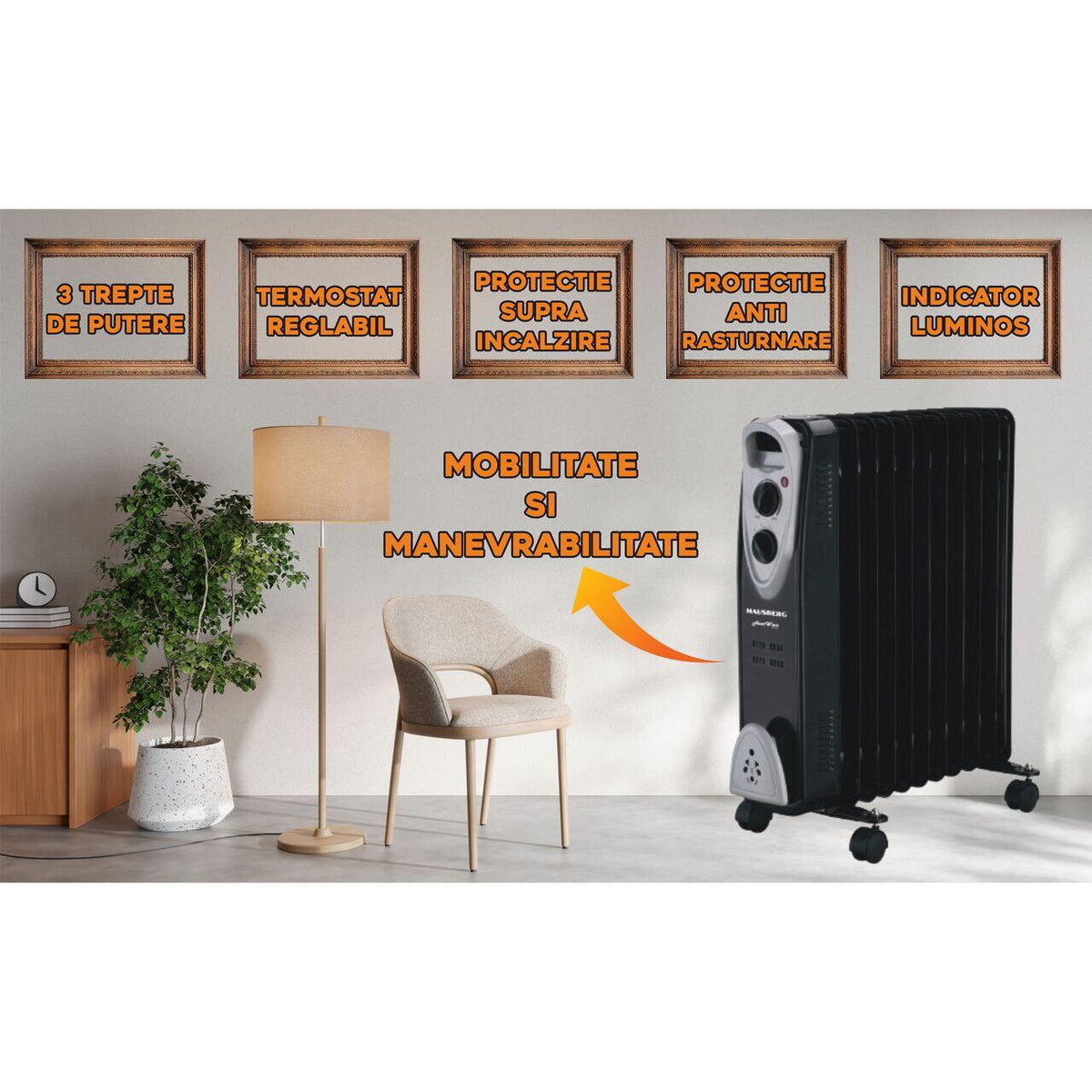 HAUSBERG HB-8913NG elektromos olajradiátor, 2500 W, 13 tagú, 3 teljesítményfokozat, Állítható termosztát, Túlmelegedés elleni védelem, Felborulás elleni védelem, Működésjelző lámpa