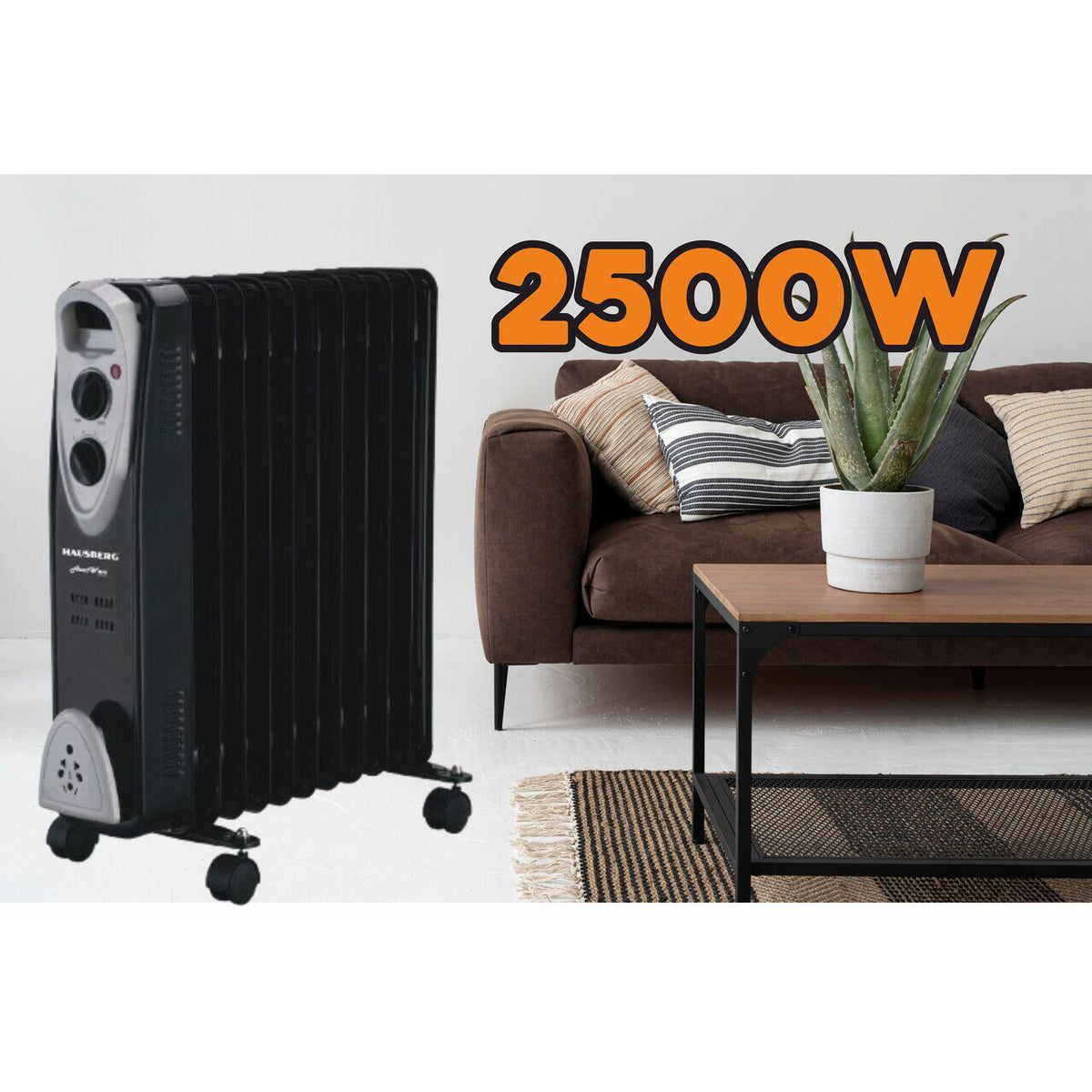 HAUSBERG HB-8913NG elektromos olajradiátor, 2500 W, 13 tagú, 3 teljesítményfokozat, Állítható termosztát, Túlmelegedés elleni védelem, Felborulás elleni védelem, Működésjelző lámpa