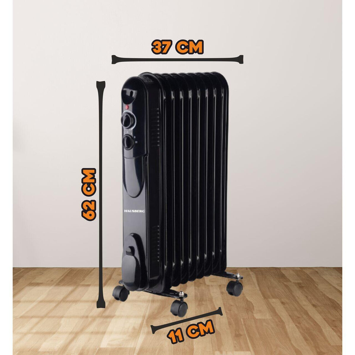 HAUSBERG HB-8915 elektromos olajradiátor, 3 fokozat, 800-1200-2000 W, 9 tag 110 mm x 580 mm, állítható termosztát, fogantyú és kerekek a könnyű mozgatáshoz, működésjelző fény