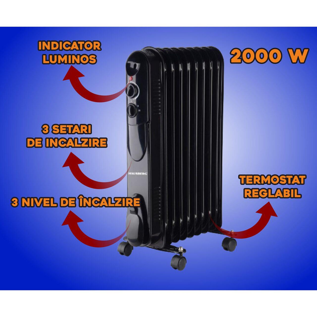 HAUSBERG HB-8915 elektromos olajradiátor, 3 fokozat, 800-1200-2000 W, 9 tag 110 mm x 580 mm, állítható termosztát, fogantyú és kerekek a könnyű mozgatáshoz, működésjelző fény