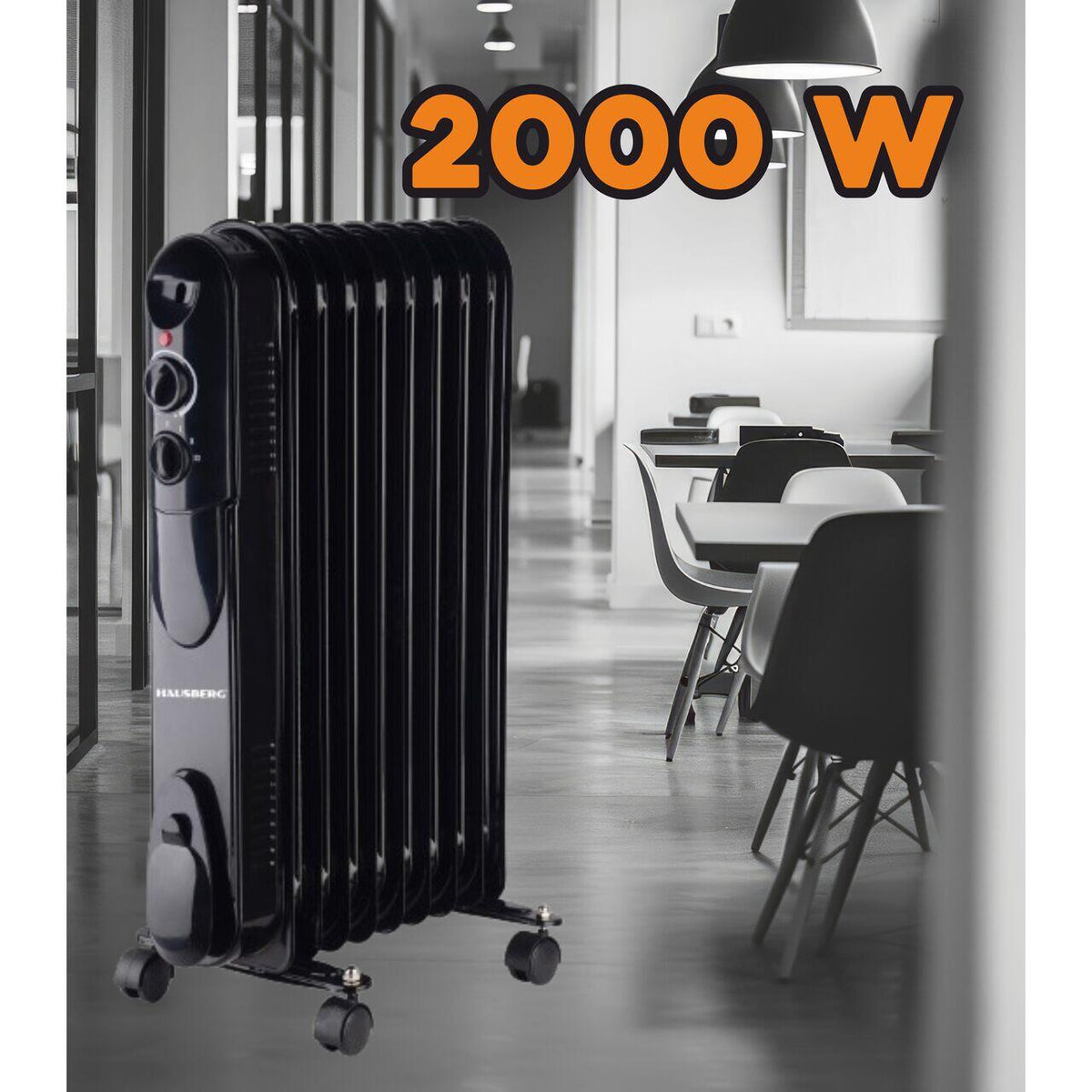 HAUSBERG HB-8915 elektromos olajradiátor, 3 fokozat, 800-1200-2000 W, 9 tag 110 mm x 580 mm, állítható termosztát, fogantyú és kerekek a könnyű mozgatáshoz, működésjelző fény