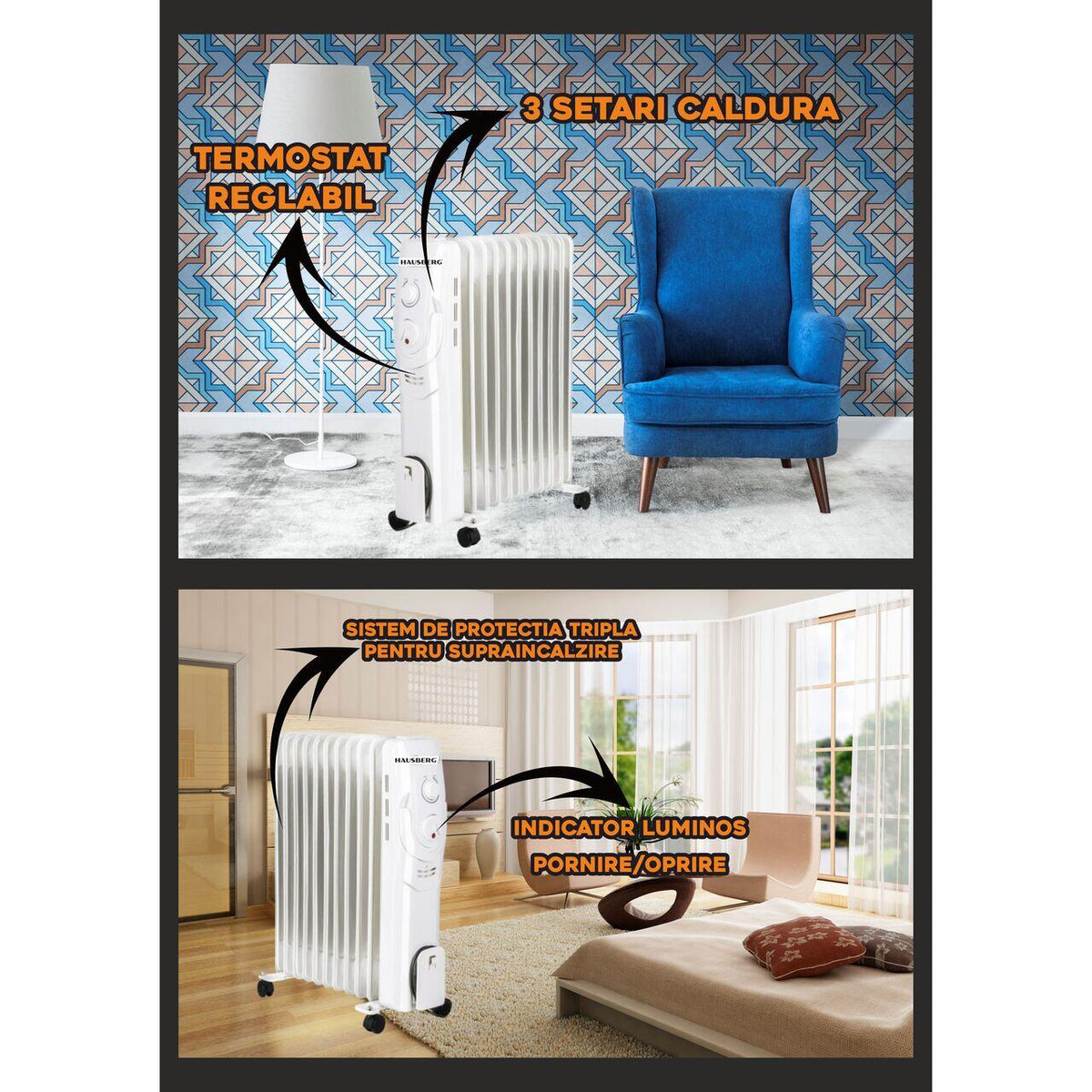 Hausberg HB-8920AB elektromos olajradiátor, 2500 W, 11 tagú, 3 teljesítményfokozat, állítható termosztát, fehér