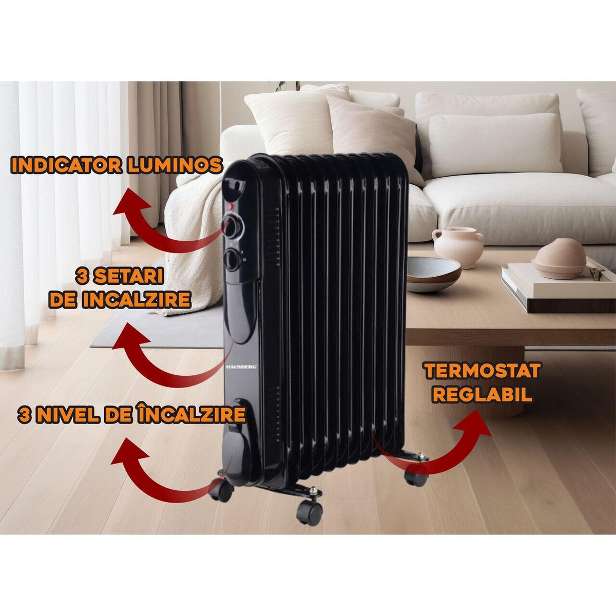 HAUSBERG HB-8925 olajradiátor, 3 fokozat, 1000-1500-2500 W, 11 tag, 110 mm x 580 mm, állítható termosztát, fogantyú és kerekek a könnyű mozgatáshoz, működésjelző lámpa
