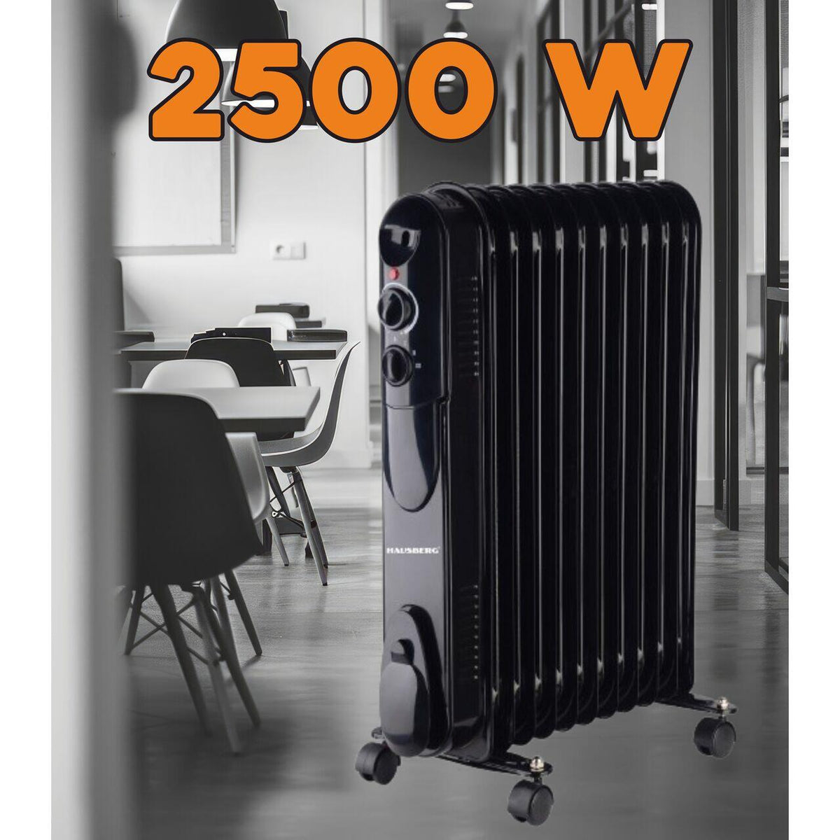 HAUSBERG HB-8925 olajradiátor, 3 fokozat, 1000-1500-2500 W, 11 tag, 110 mm x 580 mm, állítható termosztát, fogantyú és kerekek a könnyű mozgatáshoz, működésjelző lámpa