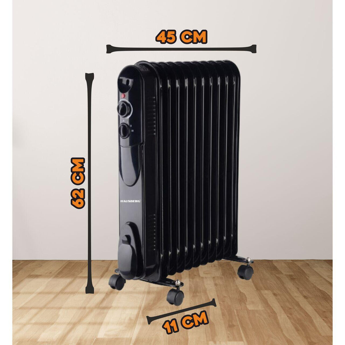 HAUSBERG HB-8925 olajradiátor, 3 fokozat, 1000-1500-2500 W, 11 tag, 110 mm x 580 mm, állítható termosztát, fogantyú és kerekek a könnyű mozgatáshoz, működésjelző lámpa