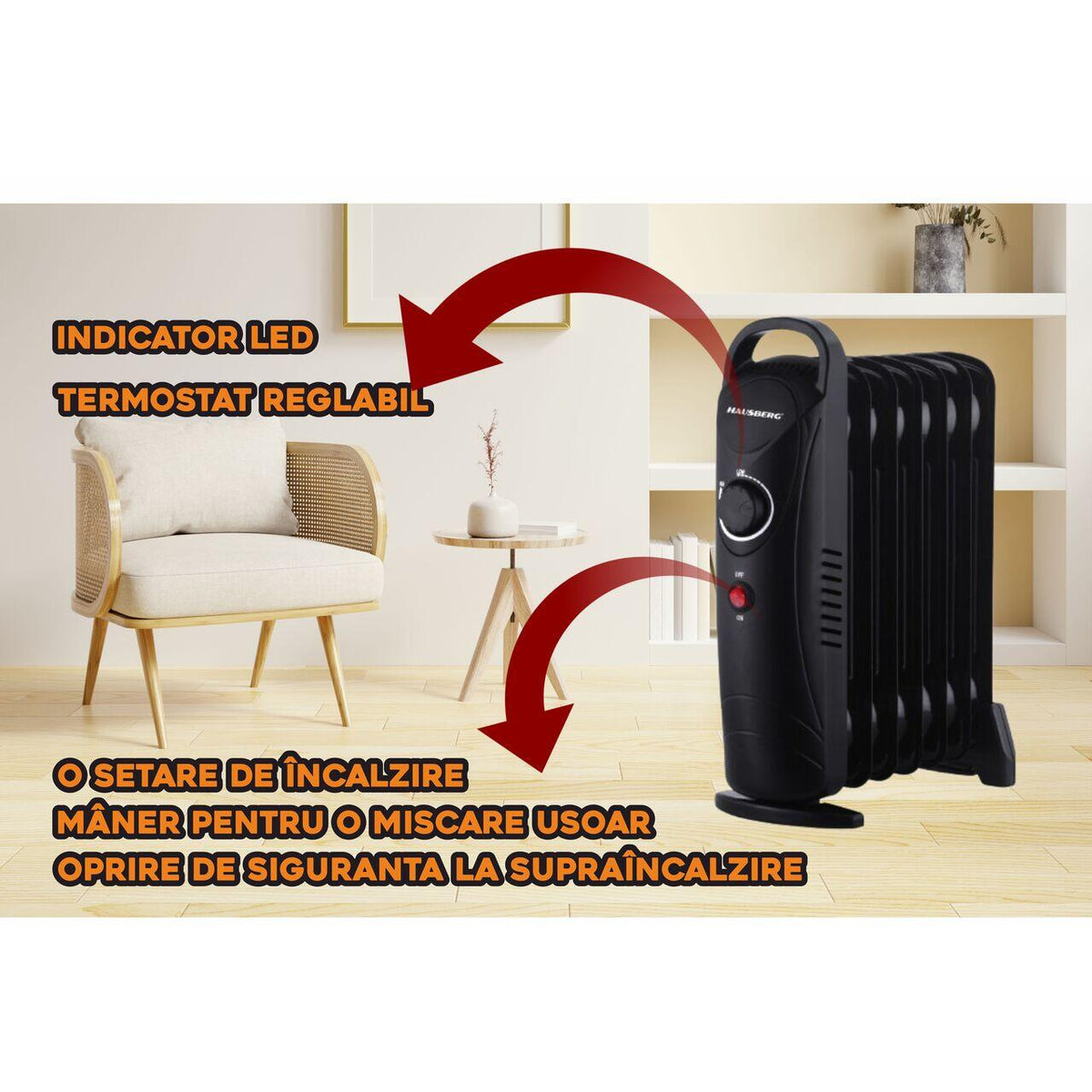 HAUSBERG HB-8940 olajradiátor, max. 1000 W, 7 tagú, állítható termosztát