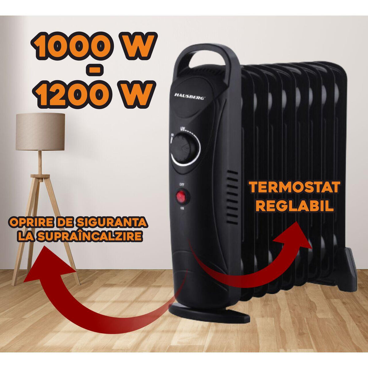 HAUSBERG HB-8945 olajradiátor, egy fűtési fokozat, 1000-1200 W, 9 tag 110 mm x 330 mm, állítható termosztát, fogantyú és görgők a könnyű mozgatáshoz, működésjelző fény