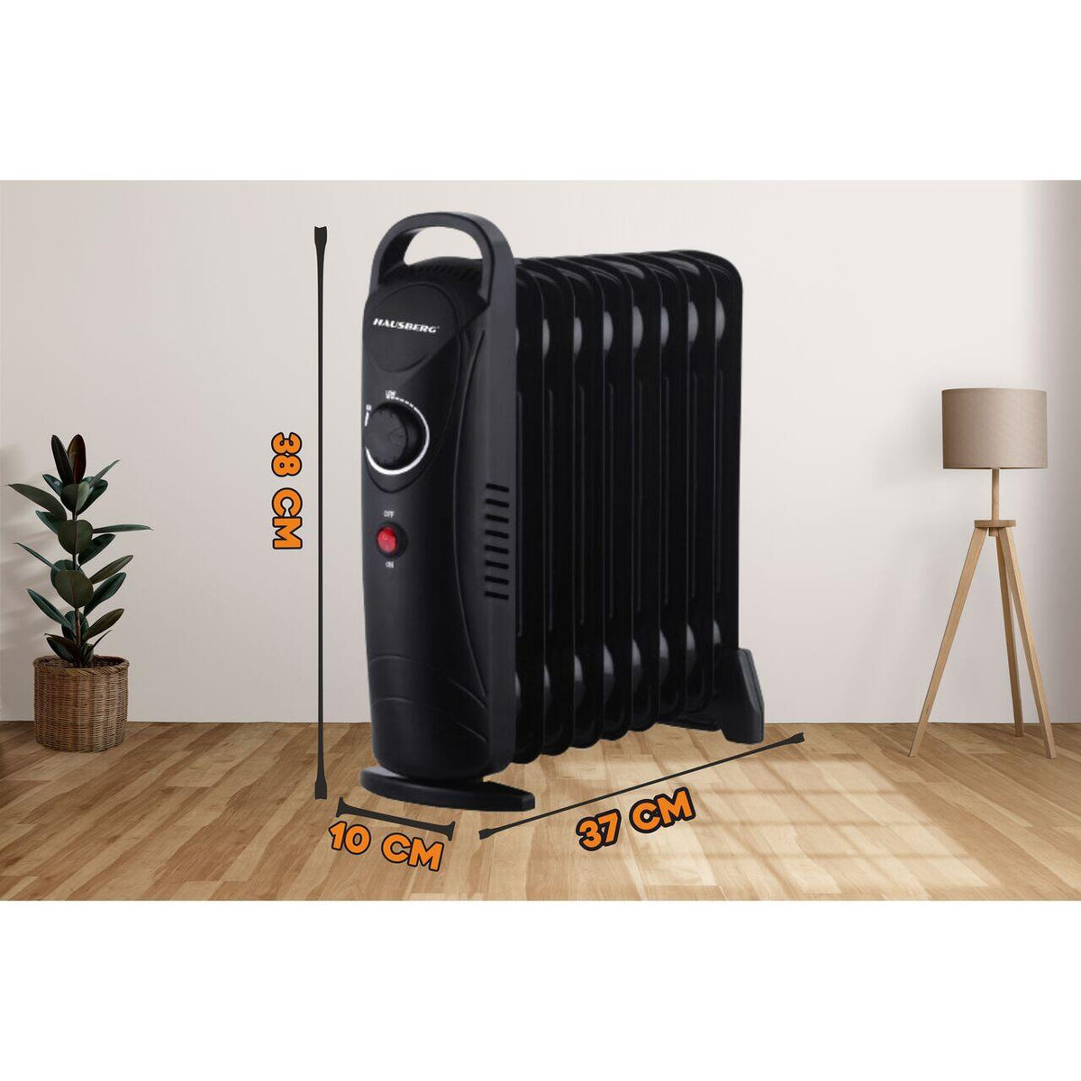 HAUSBERG HB-8945 olajradiátor, egy fűtési fokozat, 1000-1200 W, 9 tag 110 mm x 330 mm, állítható termosztát, fogantyú és görgők a könnyű mozgatáshoz, működésjelző fény