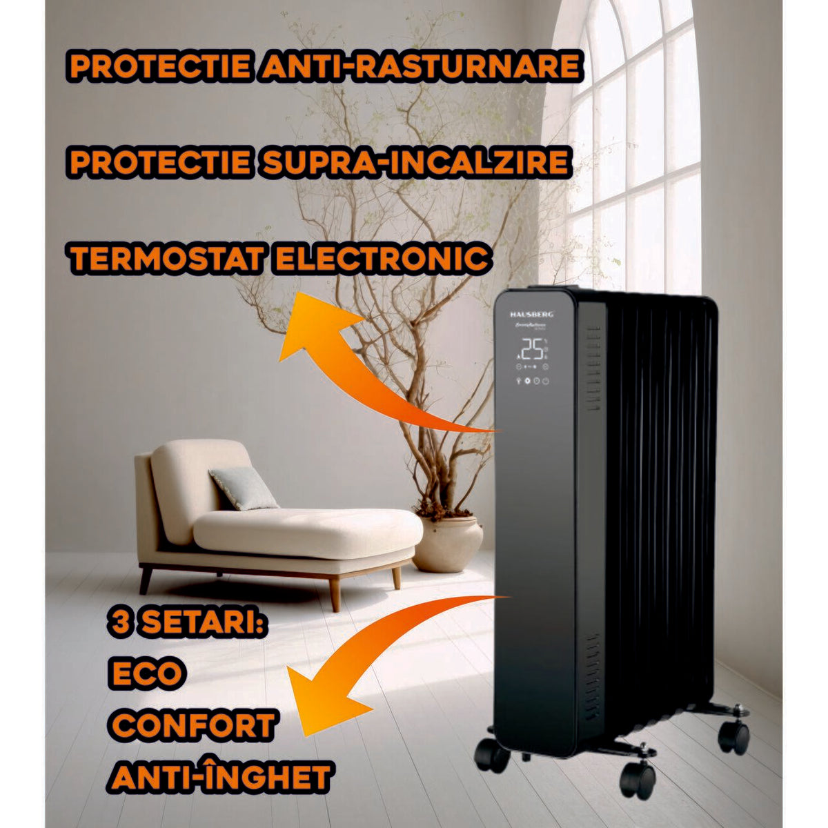 HAUSBERG HB-8950NG digitális elektromos radiátor távirányítóval, 2000W, 9 tagú, 3 fokozatú, elektronikus termosztát, túlmelegedés elleni védelem, felborulás elleni védelem