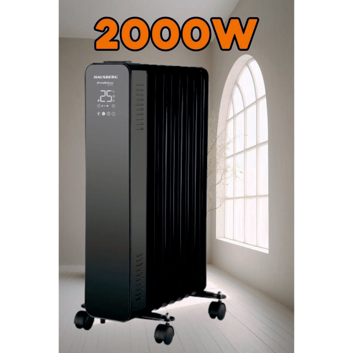 HAUSBERG HB-8950NG digitális elektromos radiátor távirányítóval, 2000W, 9 tagú, 3 fokozatú, elektronikus termosztát, túlmelegedés elleni védelem, felborulás elleni védelem
