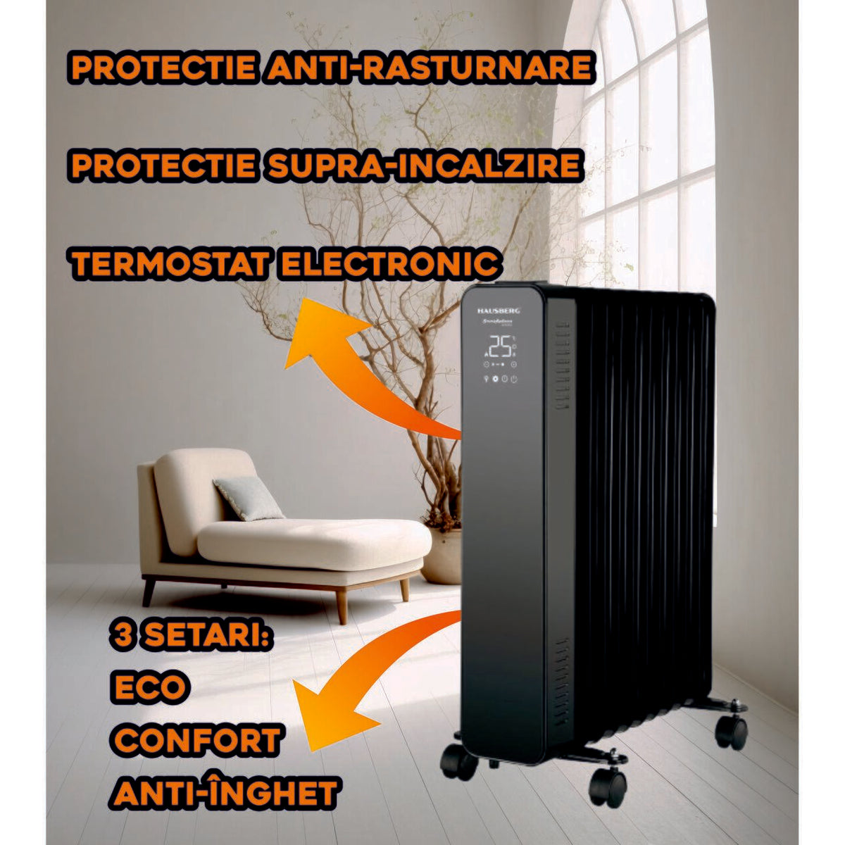 HAUSBERG HB-8955NG digitális elektromos radiátor távirányítóval, 2500W, 11 tag, 3 fokozat, elektronikus termosztát, túlmelegedés elleni védelem, felborulás elleni védelem