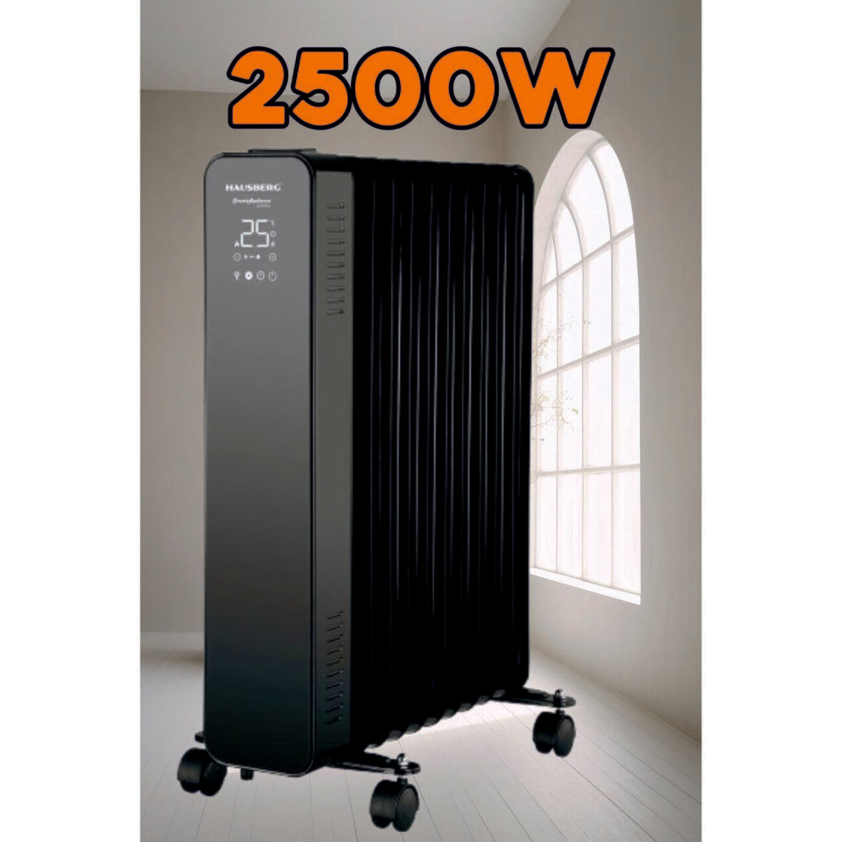 HAUSBERG HB-8955NG digitális elektromos radiátor távirányítóval, 2500W, 11 tag, 3 fokozat, elektronikus termosztát, túlmelegedés elleni védelem, felborulás elleni védelem