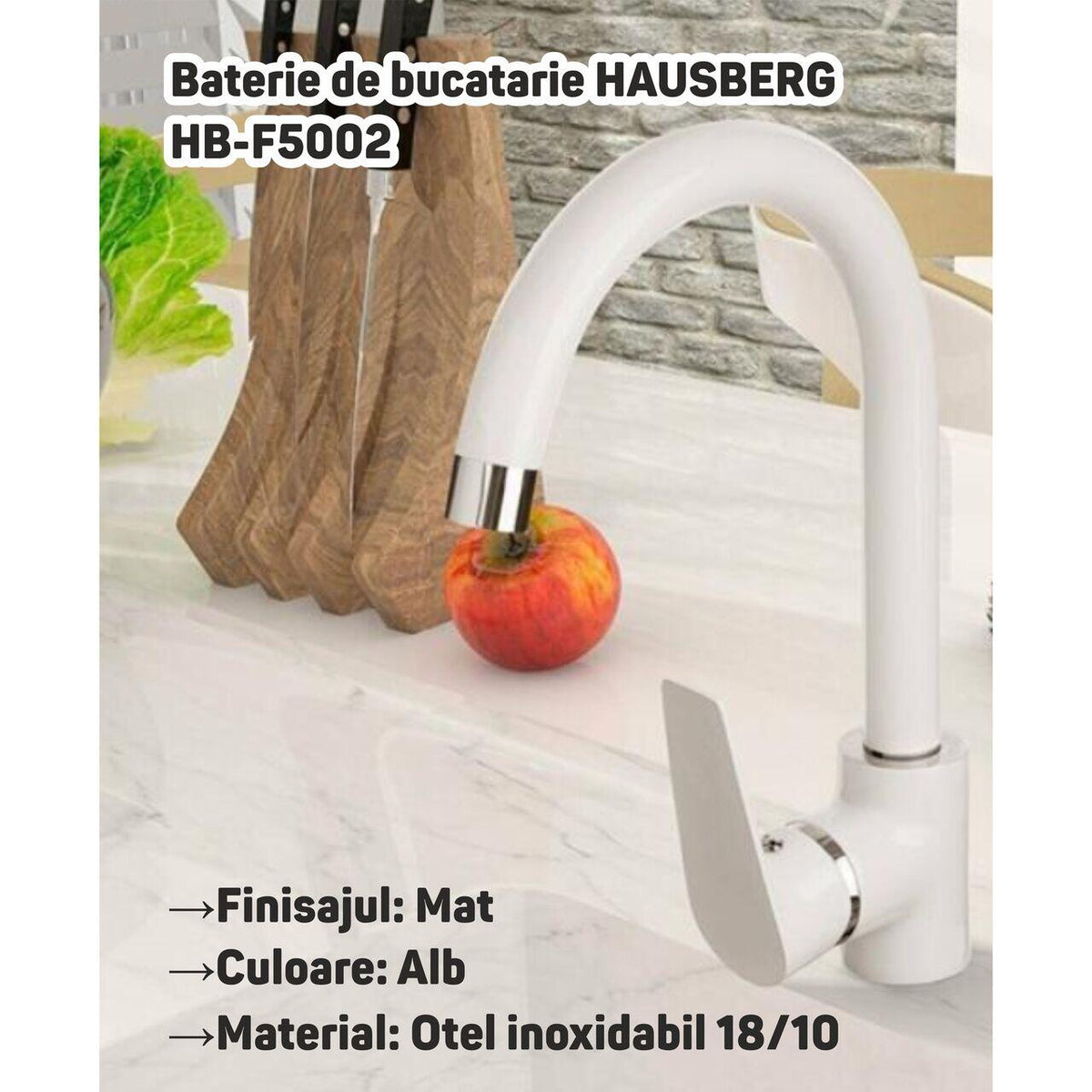 HAUSBERG HB-F5002 konyhai csaptelep - egykaros - matt felület - fehér