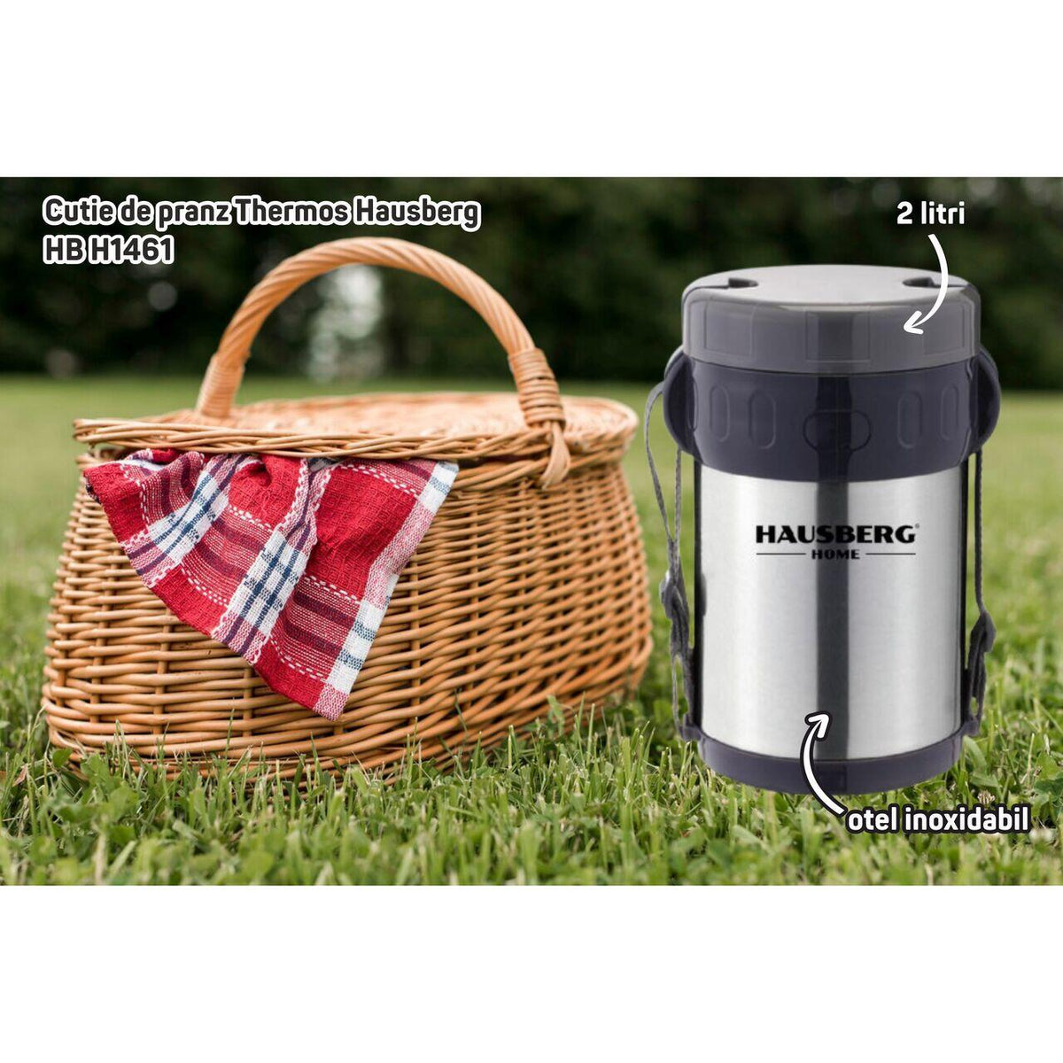 Thermos Hausberg HB H1461 ételhordó doboz, 2 liter, rozsdamentes acél, 3 különálló edény, kanál, villa, inox
