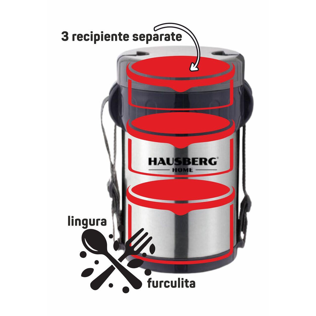 Thermos Hausberg HB H1461 ételhordó doboz, 2 liter, rozsdamentes acél, 3 különálló edény, kanál, villa, inox