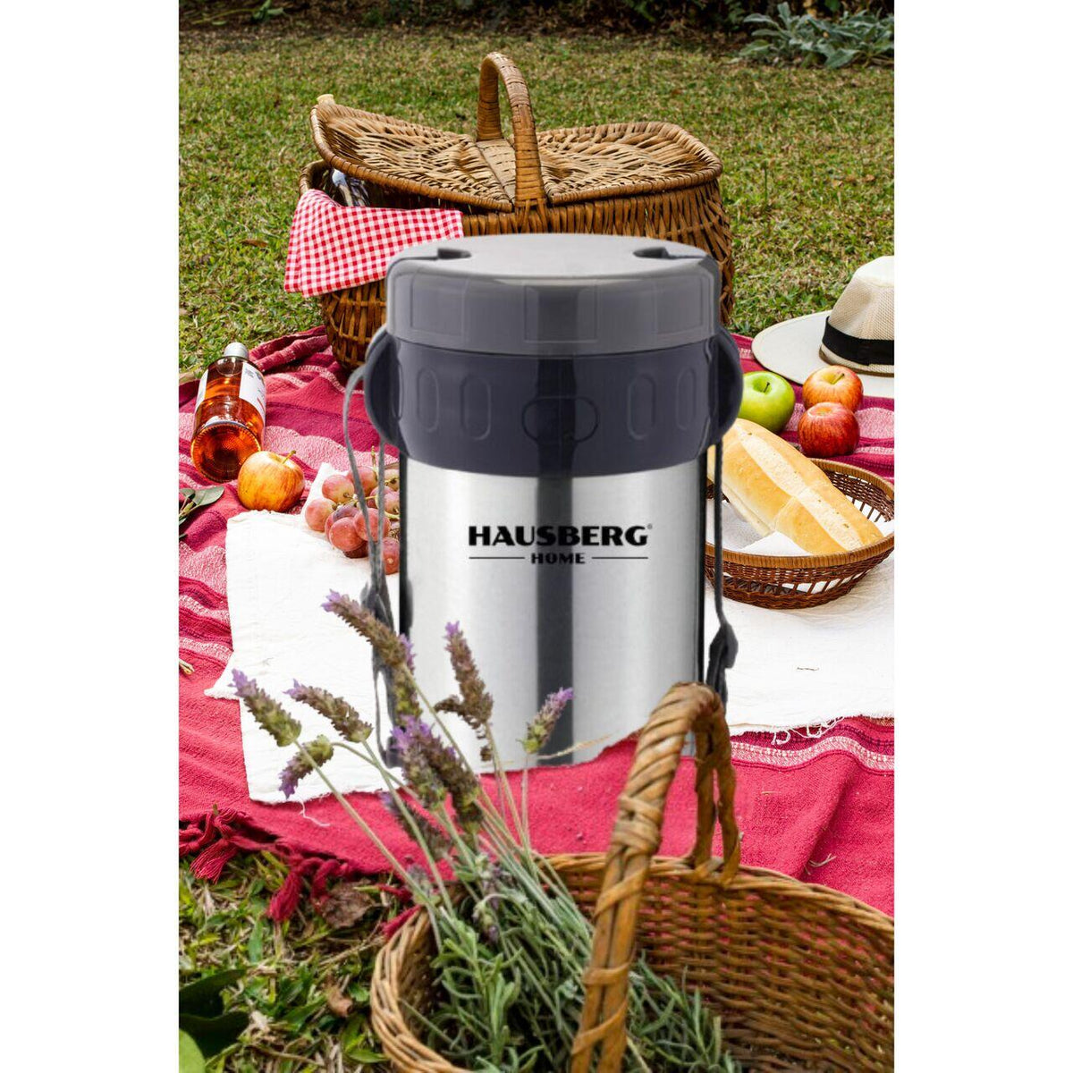 Thermos Hausberg HB H1461 ételhordó doboz, 2 liter, rozsdamentes acél, 3 különálló edény, kanál, villa, inox