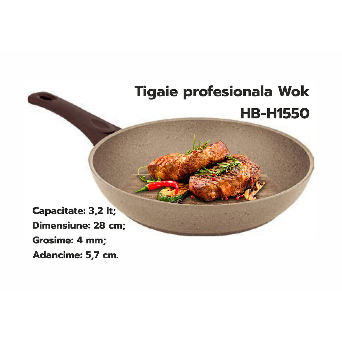 HAUSBERG HB-H1550 professzionális wok serpenyő, 28 cm, 3,2 l, préselt alumínium gránit bevonattal