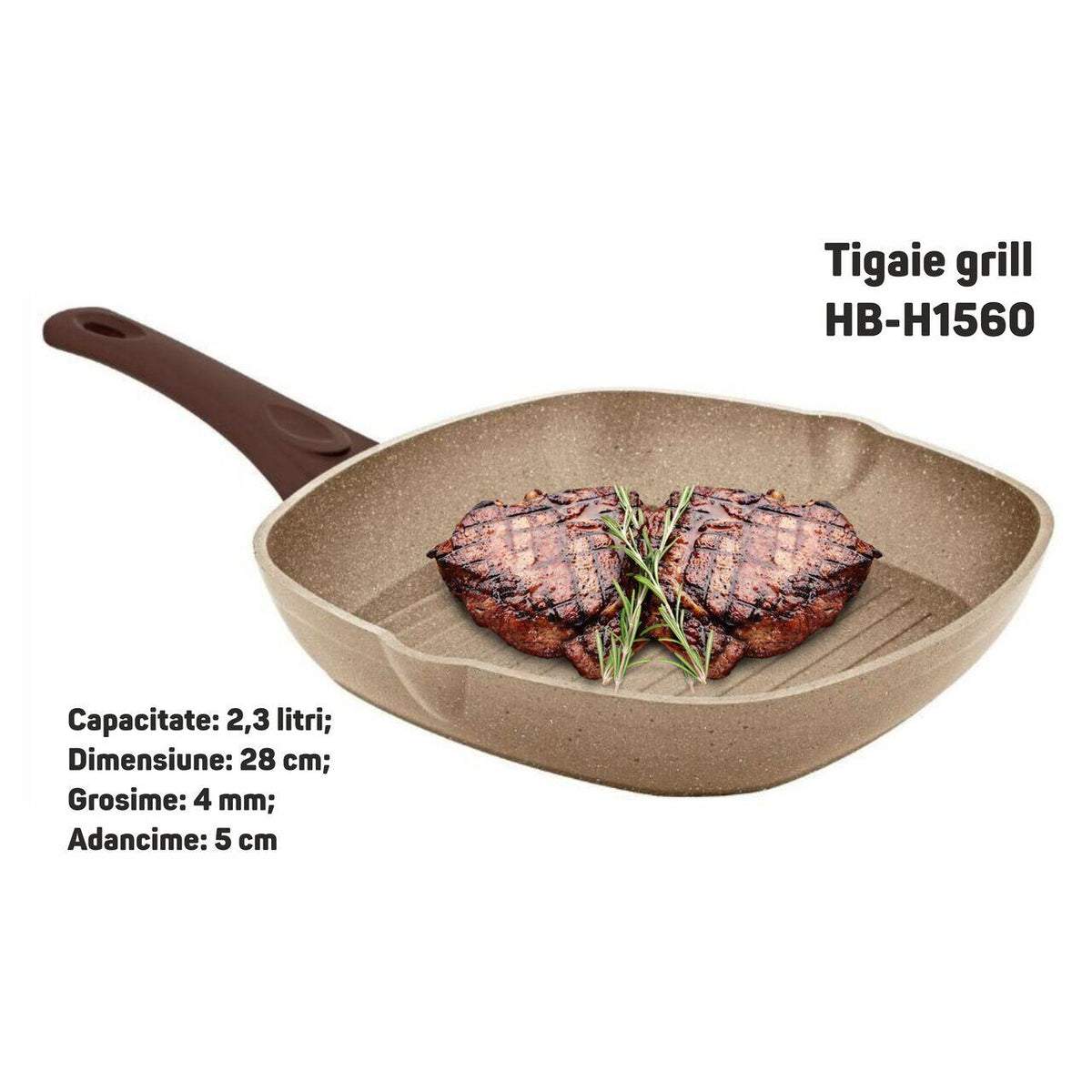 Ertone HB-H1560 grill serpenyő, előpréselt gránit kő furnér alumínium anyagból, 28 cm, bakelit fogantyú, tapadásmentes felület