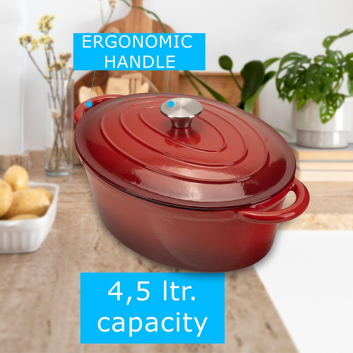 HAUSBERG HB-H750 zománcozott öntöttvas edény fedővel, 4.5L űrtartalom, 30x23 cm átmérő, 12 cm mélység, tapadásmentes belső bevonat