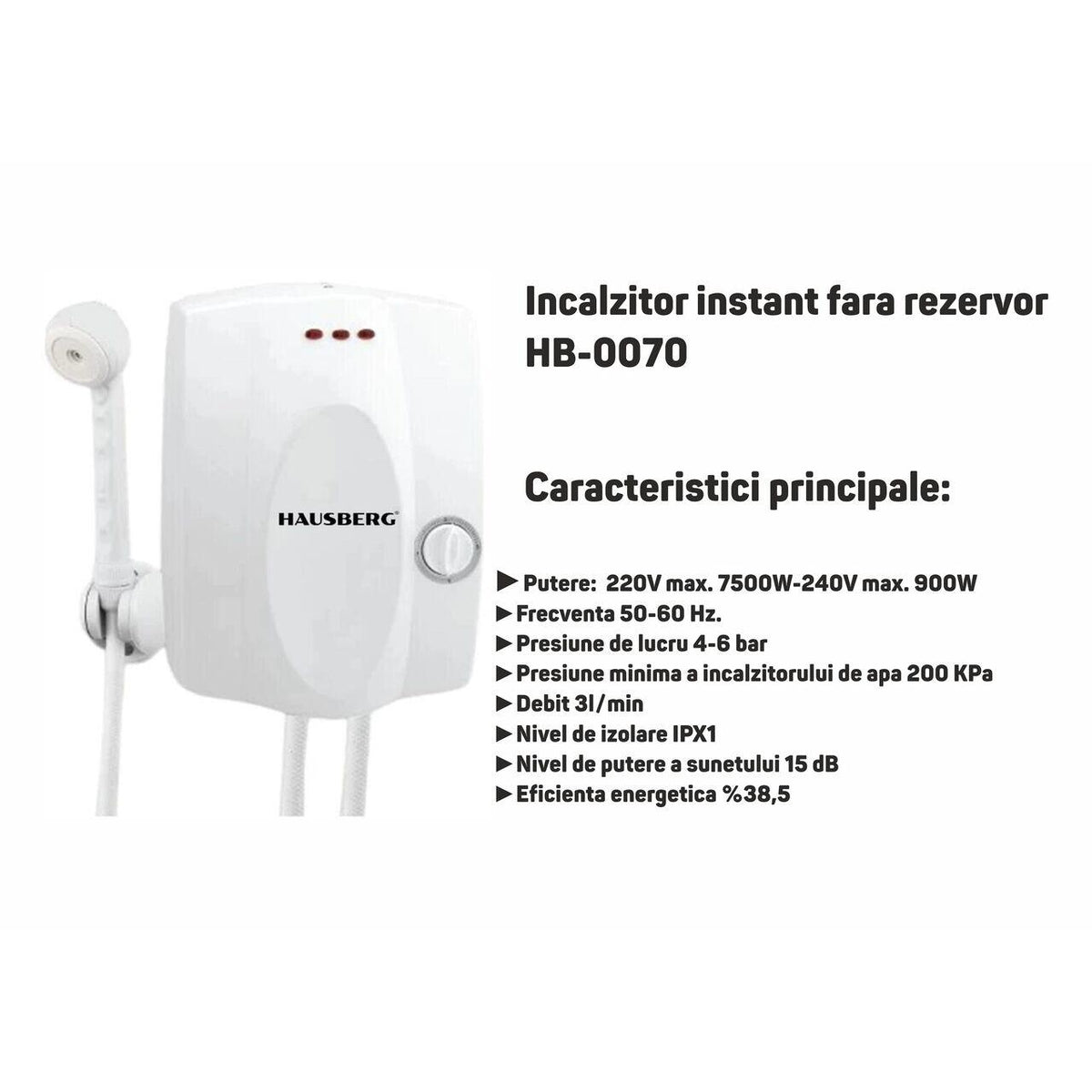 Azonnali átfolyós vízmelegítő Hausberg HB-0070, max. 7500W teljesítmény, 220V, 9000W 240V, nyomás 4-6 bar, vízátfolyás 3L/perc, IPX1 szigetelési szint