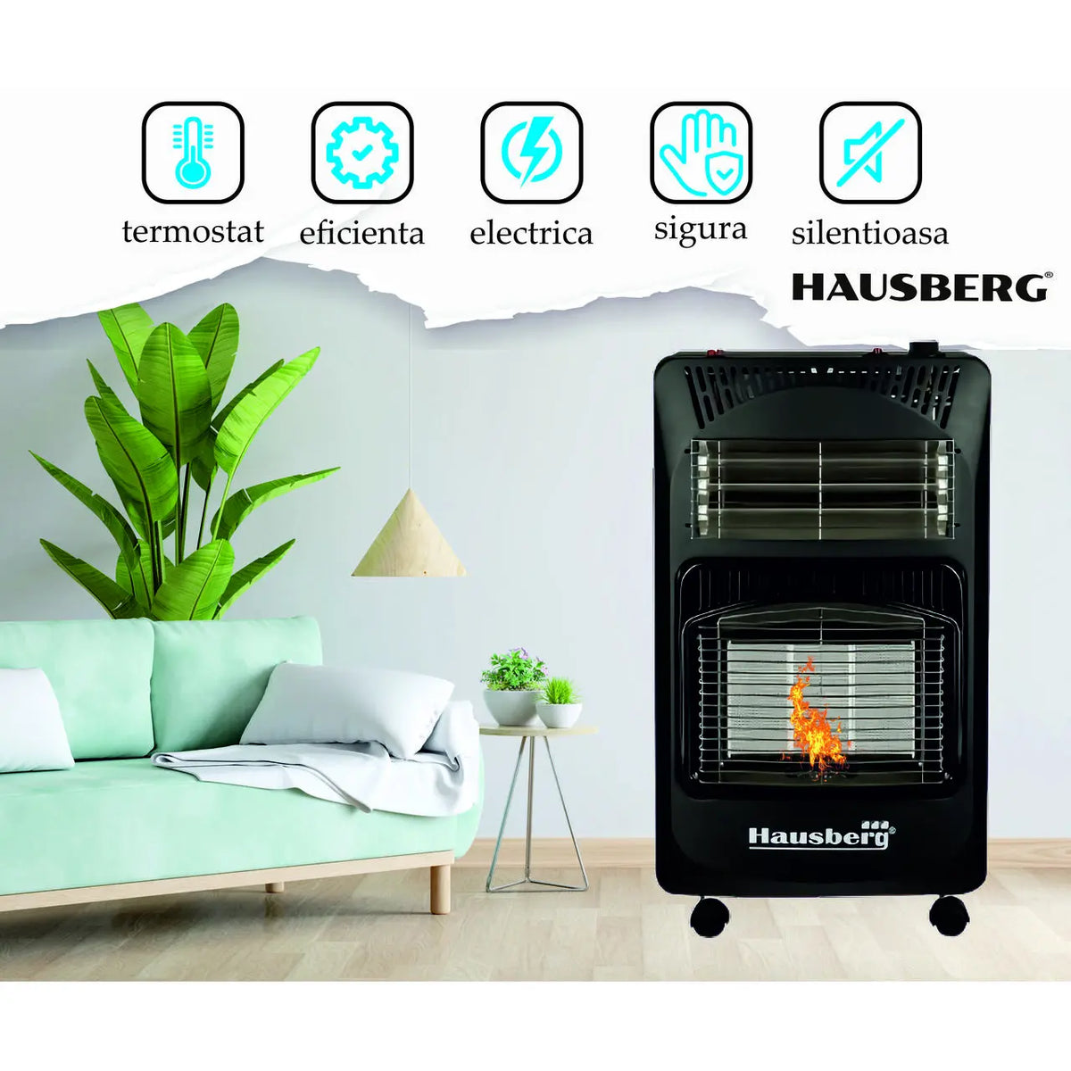 HAUSBERG HB-1020NG gázpalackos és elektromos kályha szett, piezoelektromos gyújtás, 4,2 kW, fekete, gázpalacknyomás-mérő óra, 1 m MN2015 gáztömlő és 2 tömlőbilincs