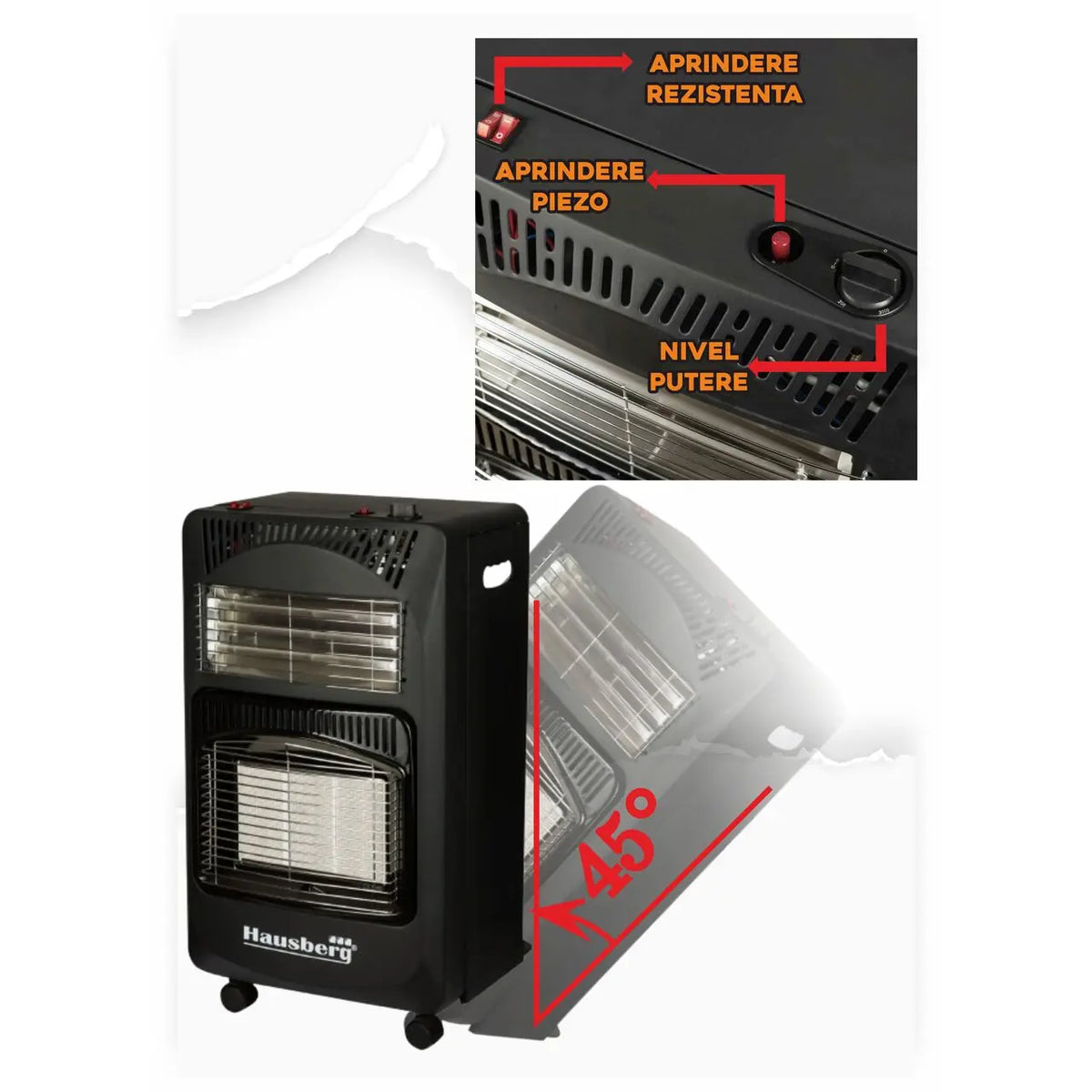 HAUSBERG HB-1020NG gázpalackos és elektromos kályha szett, piezoelektromos gyújtás, 4,2 kW, fekete, gázpalacknyomás-mérő óra, 1 m MN2015 gáztömlő és 2 tömlőbilincs
