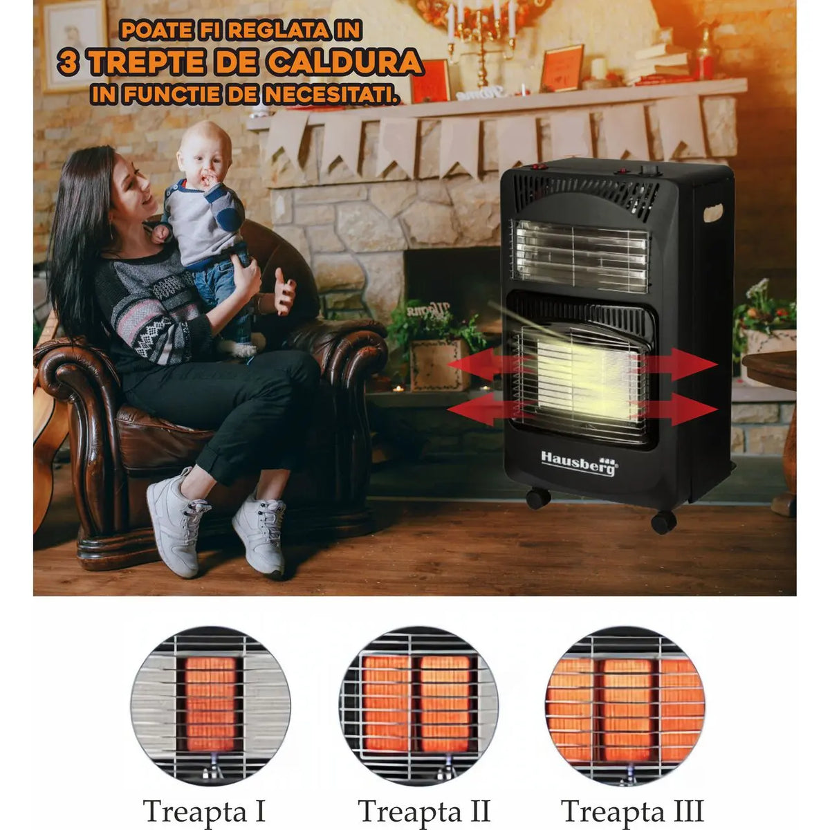 HAUSBERG HB-1020NG gázpalackos és elektromos kályha szett, piezoelektromos gyújtás, 4,2 kW, fekete, gázpalacknyomás-mérő óra, 1 m MN2015 gáztömlő és 2 tömlőbilincs