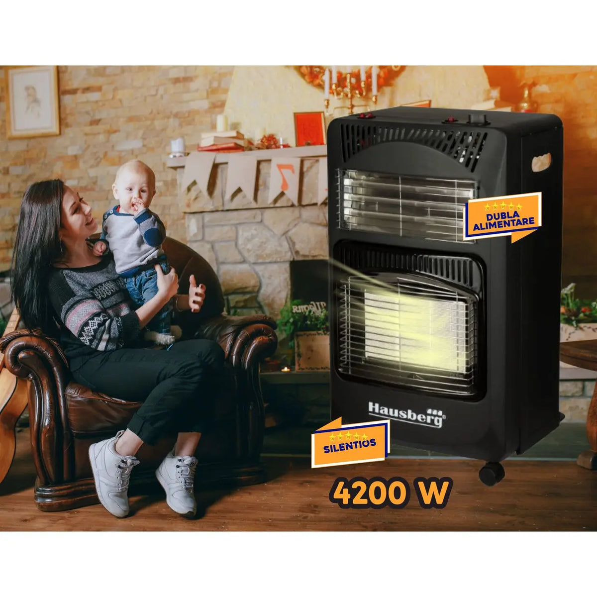 HAUSBERG HB-1020NG gázpalackos és elektromos kályha szett, piezoelektromos gyújtás, 4,2 kW, fekete, gázpalacknyomás-mérő óra, 1 m MN2015 gáztömlő és 2 tömlőbilincs