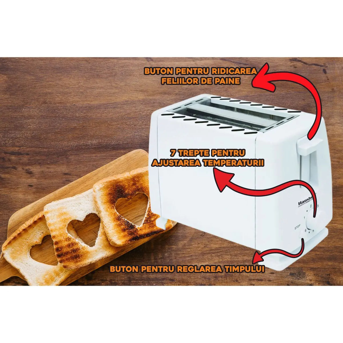 HAUSBERG HB-150AB kenyérpirító, 750W, 7 fokozat, 2 szelet, automatikus kikapcsolás, csúszásgátló talp, fehér
