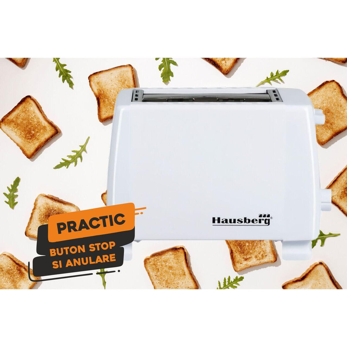 HAUSBERG HB-150AB kenyérpirító, 750W, 7 fokozat, 2 szelet, automatikus kikapcsolás, csúszásgátló talp, fehér