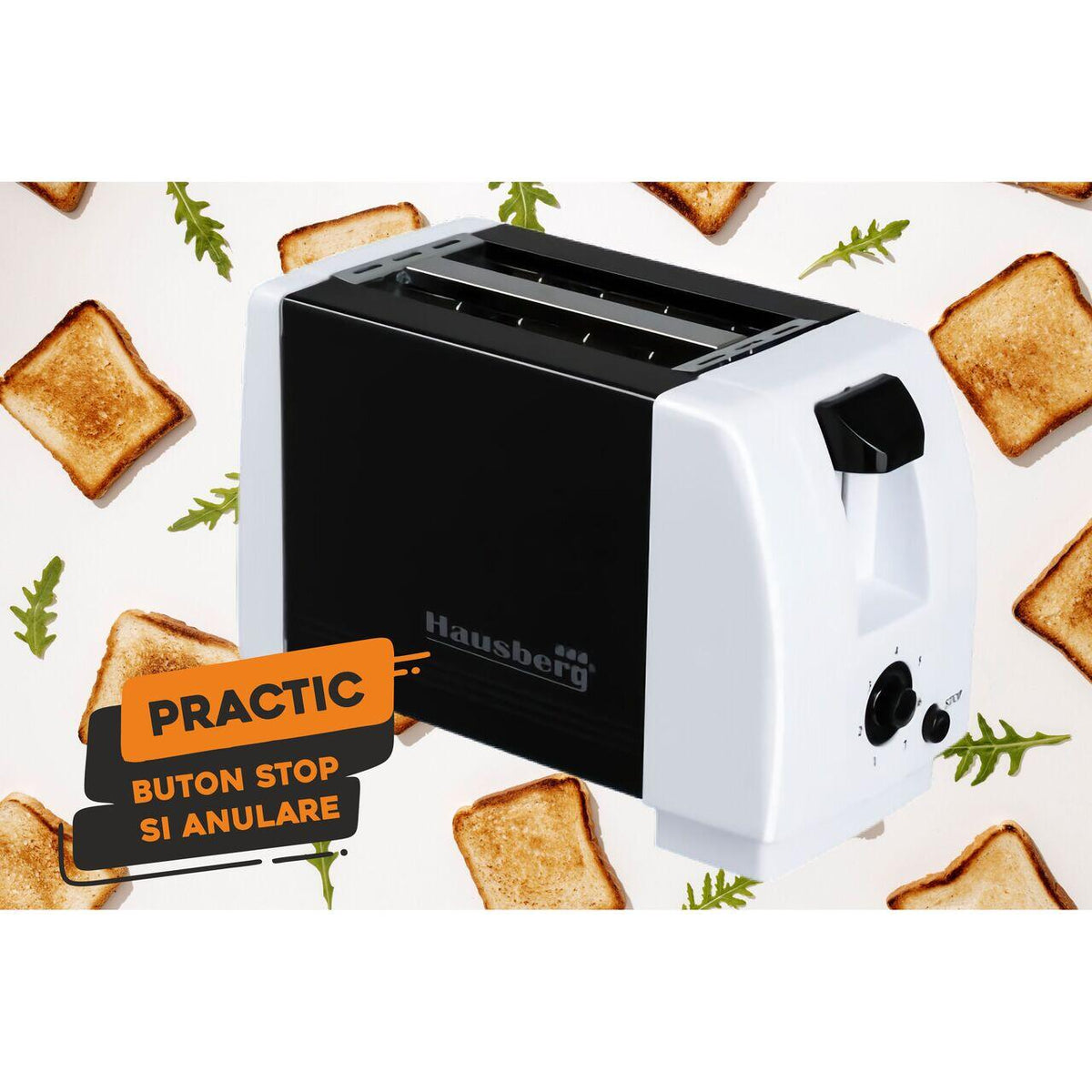 HAUSBERG HB-150NG kenyérpirító, 750W, 7 fokozat, 2 szelet, automatikus kikapcsolás, csúszásgátló talpak, Fekete-Fehér