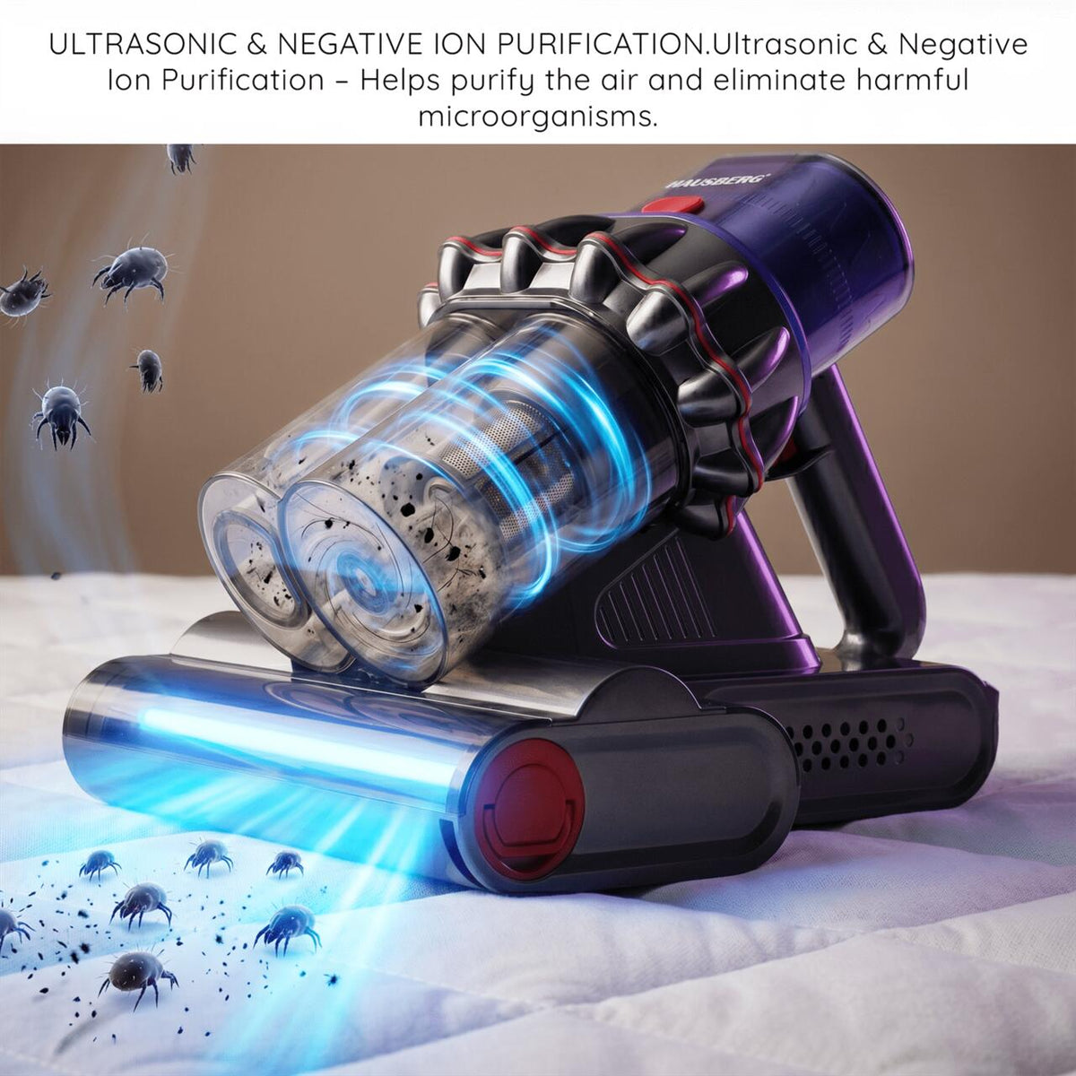 HAUSBERG HB-2022MV atkaellenes UV porszívó digitális kijelzővel, 400-600W, UV sterilizálás, negatív ionok, ultrahangos tisztítás, lila-szürke