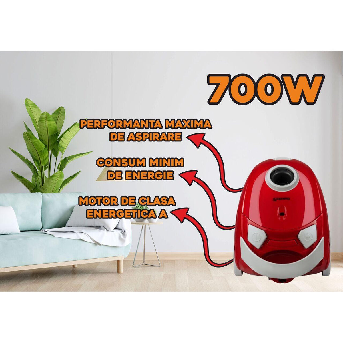 Hausberg HB2080RS porzsákos porszívó, 700W, 1.5L űrtartalom